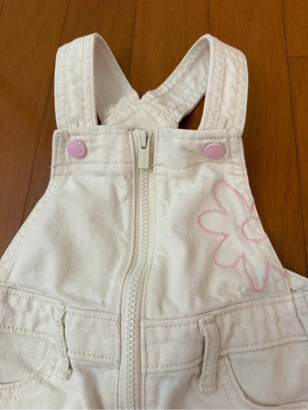 Old Navy White Denim Overall Dress with Embroidered Floral Detail
